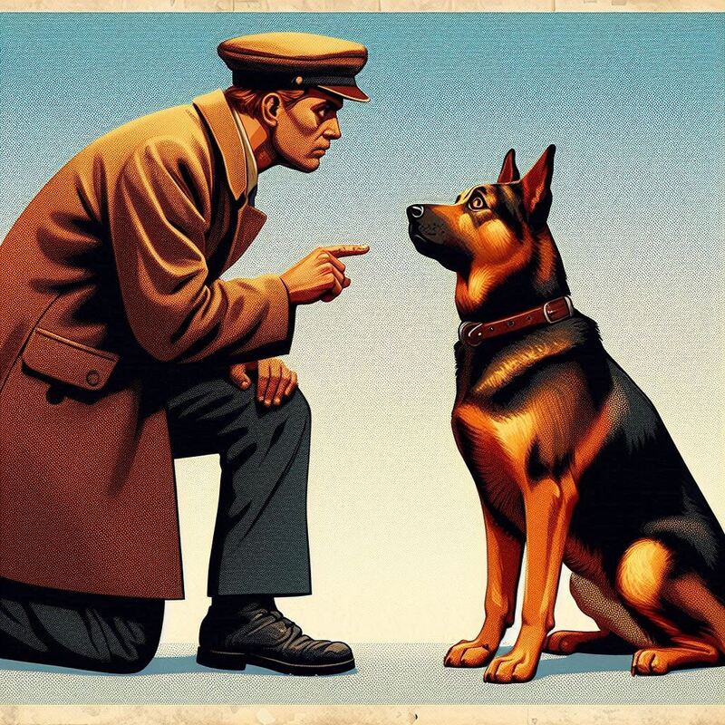 Title Image for post on Essential Commands for Your Dog in the Big Adventure Dog Blog - Poster style illustration of uniformed official commanding a german shepherd